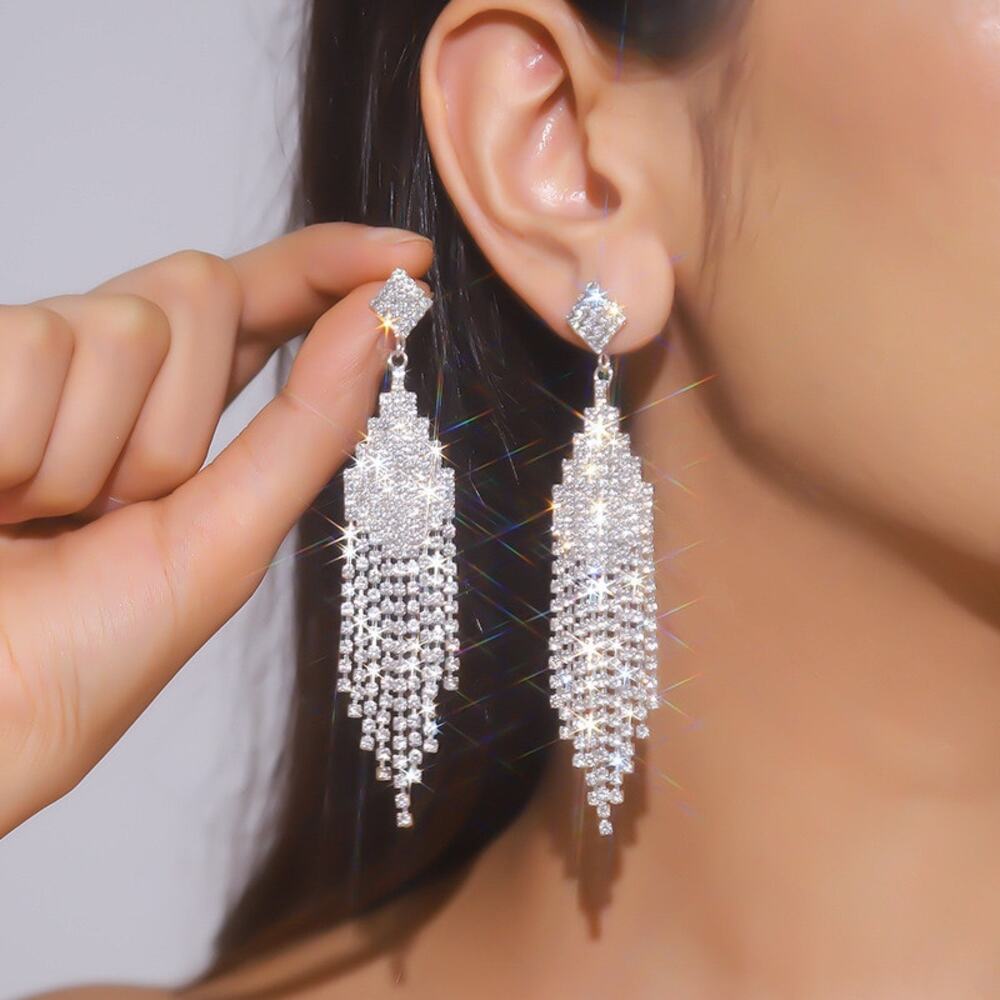 Long 925 Sterling Silver CZ Chandelier Tassel Earrings New